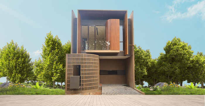 Fasad rumah premium di Cilegon dengan desain modern The Hana Park, tampilan elegan dengan dinding roster melengkung