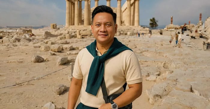 Imam, Dream Home Specialist The Hana Park, berpose di antara reruntuhan bersejarah dengan latar pilar kuno, merepresentasikan pribadi yang hangat, percaya diri, dan penuh wawasan.