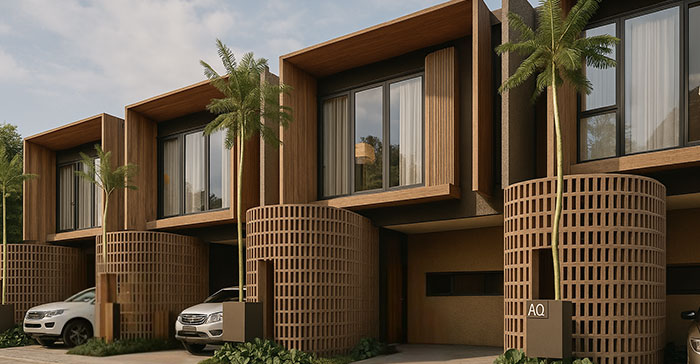 Tampak depan perumahan eksklusif Cilegon — The Hana Park dengan desain modern dua lantai dan fasad elegan.