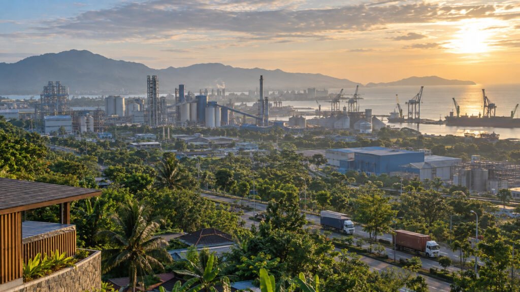 Pemandangan kawasan industri dan logistik Cilegon dengan vegetasi tropis